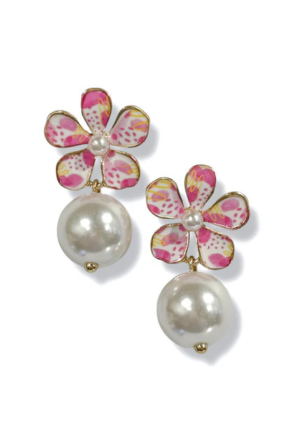 Taking It In Pink Printed Flower & Pearl Dangle Earrings | The Willow Tree