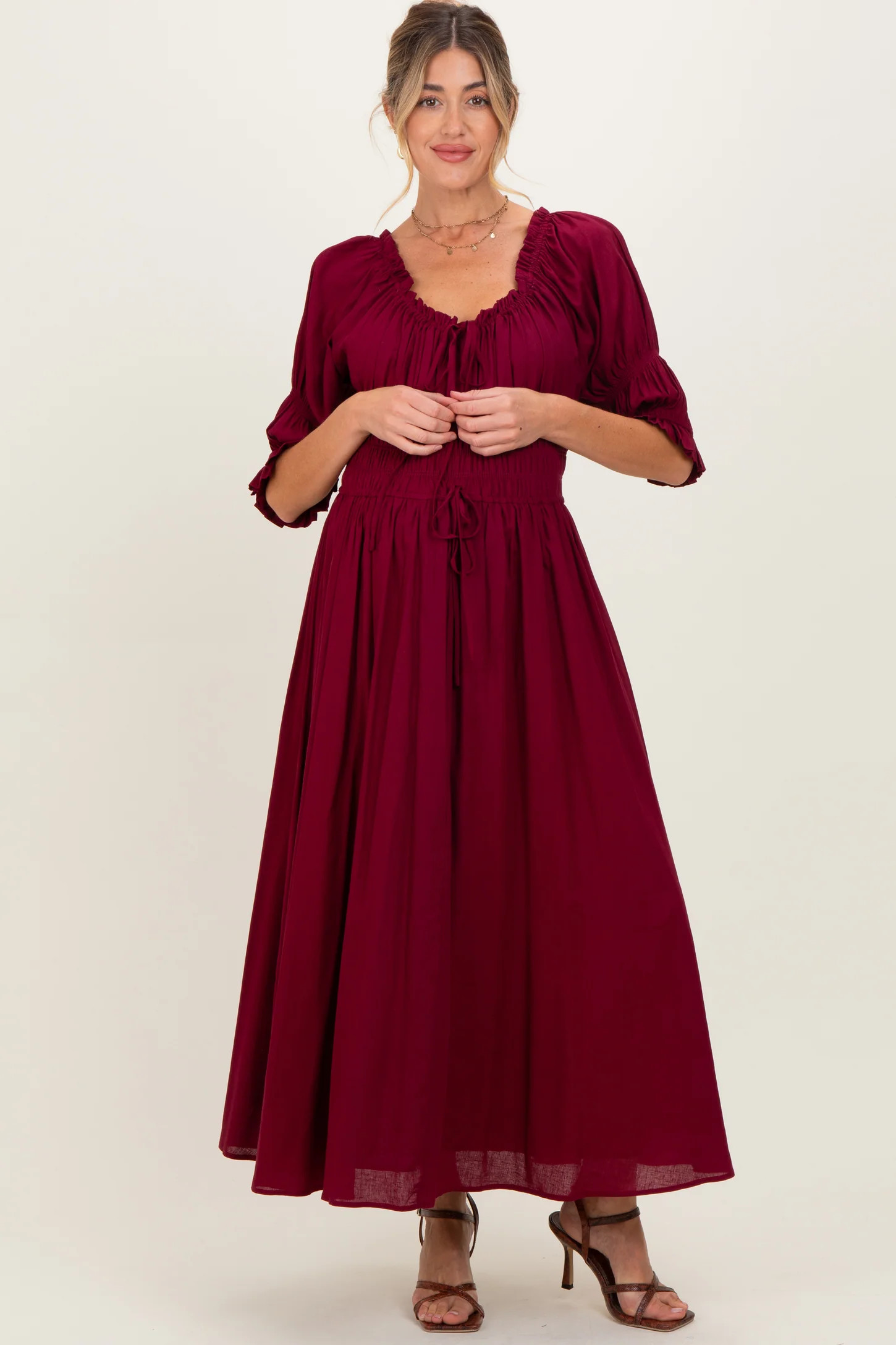 Burgundy Smocked Ruffle Square Neck Maternity Midi Dress | PinkBlush Maternity