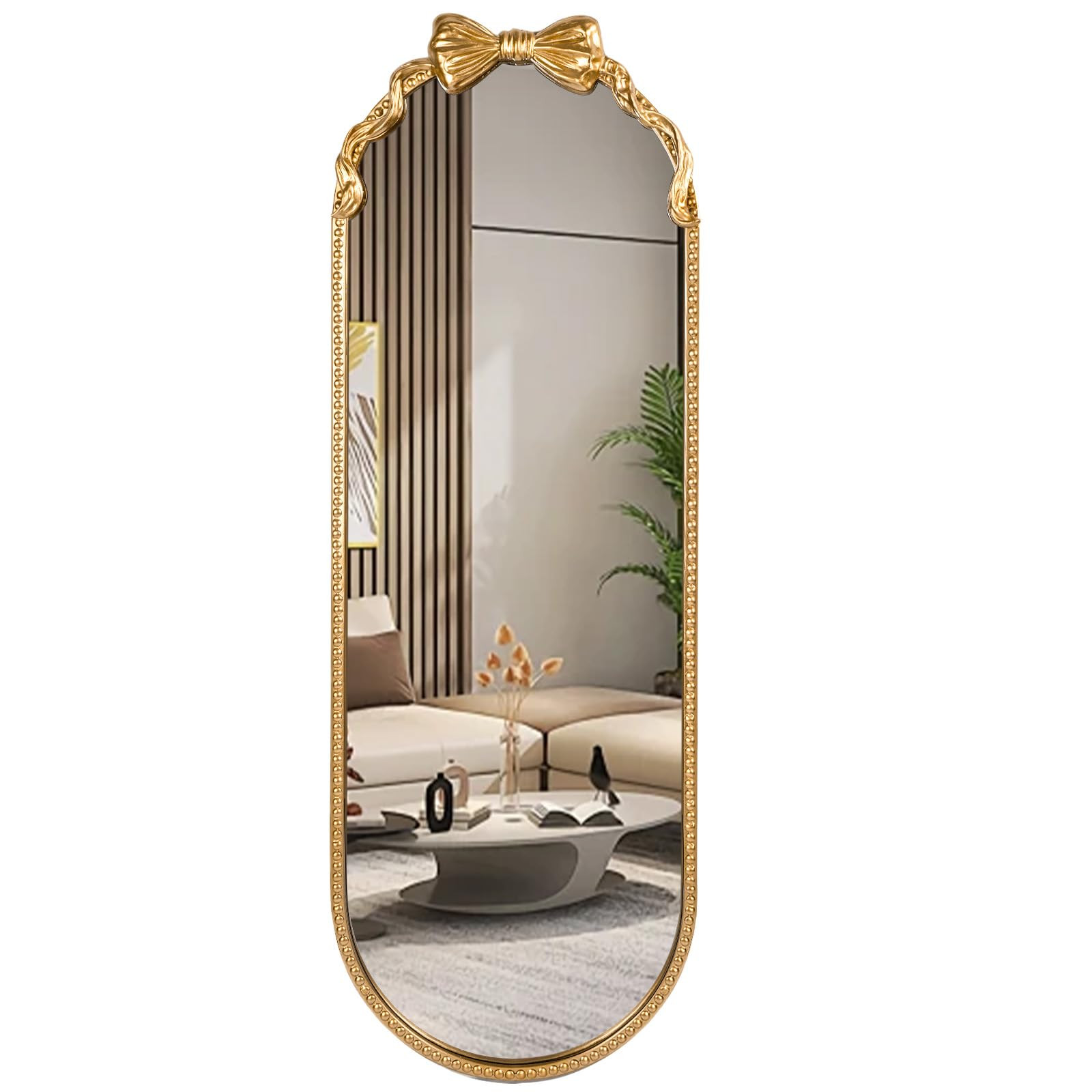 Oval Full Length Mirror, 16"x47" Gold Bow Metal Beaded Frame Large Hanging Dressing Floor Mirror ... | Amazon (US)