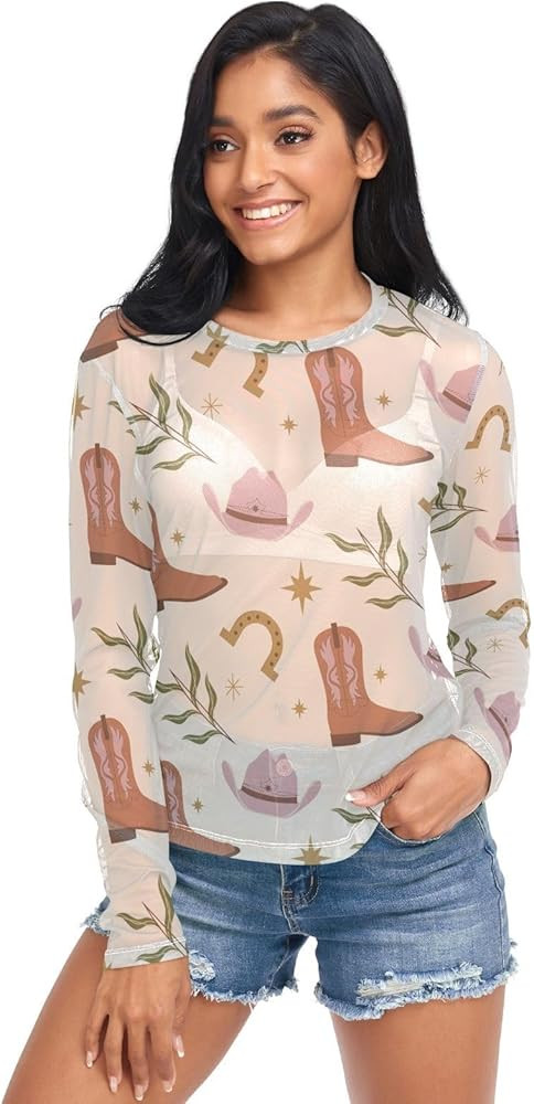 Christmas Holly Leaves Green Womens See Through Top Mesh Tops O Neck Mesh Tops Top Shirt | Amazon (US)