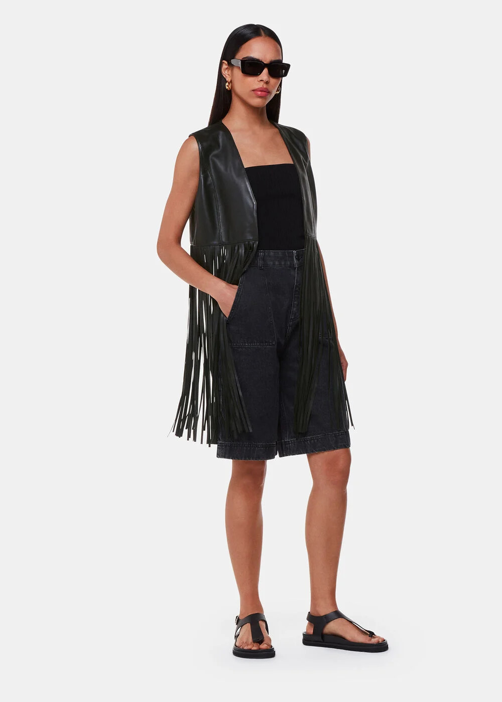 Black Rei Leather Fringed Waistcoat | WHISTLES | Whistles UK | | Whistles