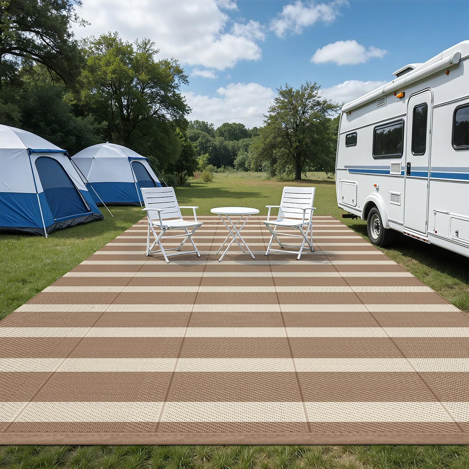 Vaukki Waterproof Outdoor Rug 9x12, Reversible Striped Patio Rug, Lightweight Plastic Straw Campi... | Amazon (US)