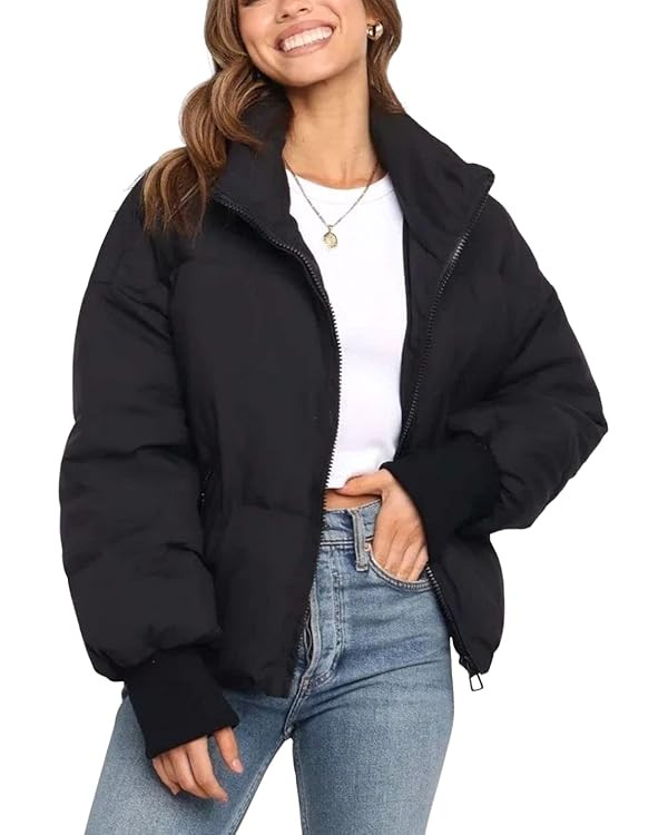 Kwoki Women's Zipper Puffer Jacket Baggy Long Sleeve Stand Collar Winter Short Down Coat | Amazon (US)