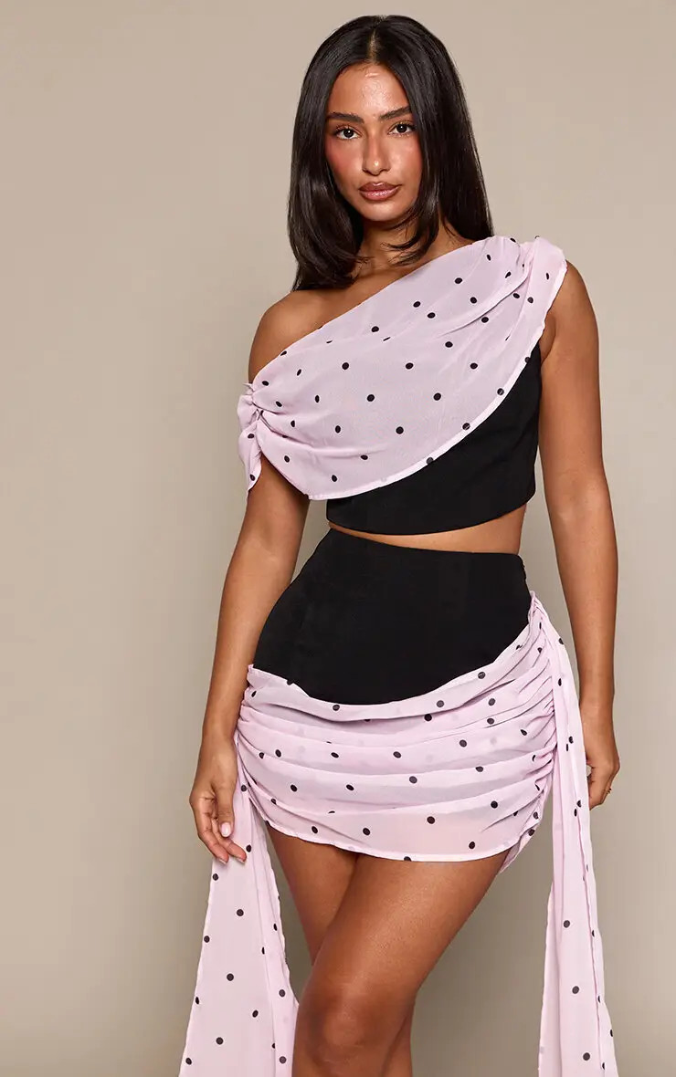 Tops | Petite Pink Polka Dot Chiffon Cape Drape Top | PrettyLittleThing | PrettyLittleThing UK