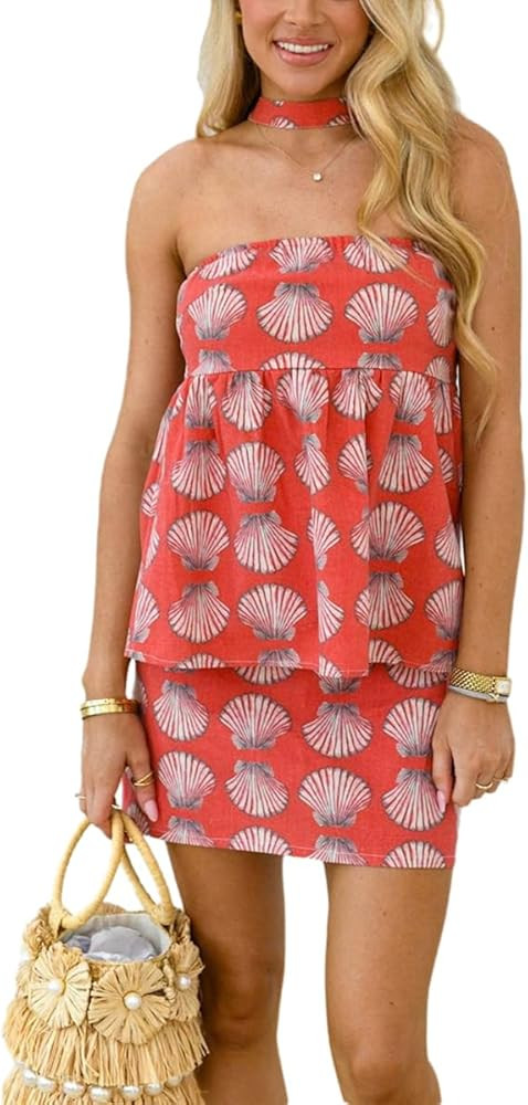 Wuitrie Women Two Piece Mini Skirt Set with Scarf Cute Floral Tube Crop Tops High Waisted Mini Sk... | Amazon (US)