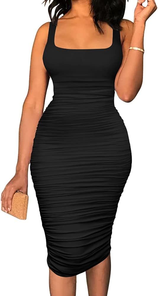 BEAGIMEG Women's Sexy Tank Top Bodycon Ruched Sleeveless Basic Midi Party Dress | Amazon (US)