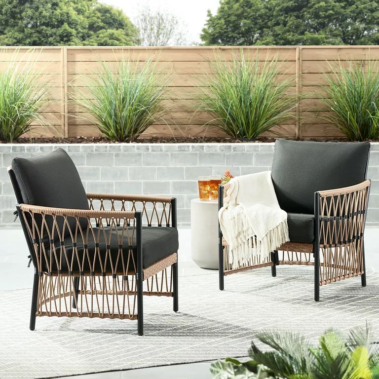 Better Homes & Gardens Lilah 2-Pack Outdoor Wicker Lounge Chairs, Black | Walmart (US)