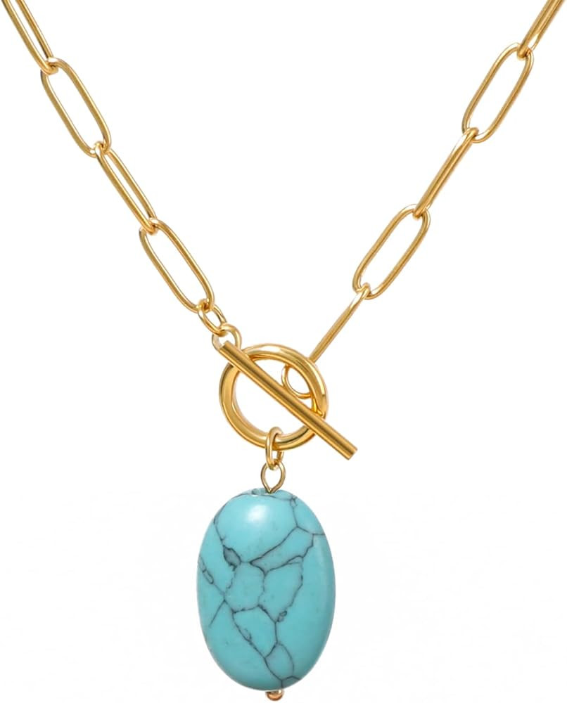 Gold Paperclip Toggle Necklace Pendant for Women Natural Gemstone Pearl Cubic Zirconia Paper Clip... | Amazon (US)