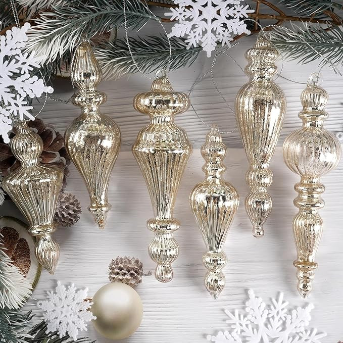 Mercury Glass Christmas Tree Decorations, 6 Pcs Hanging Finial Ornaments, Vintage Decorative Glas... | Amazon (US)