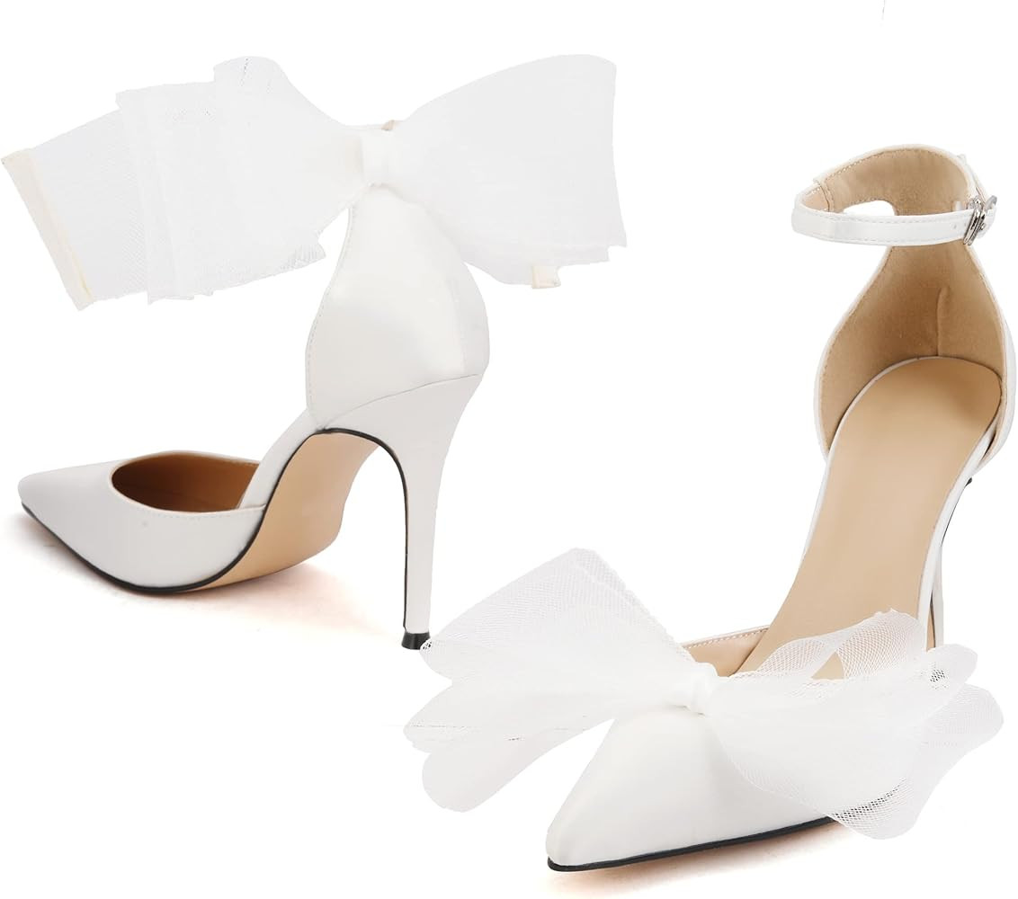 keleimusi Women's Wedding Pumps with Asymmetrical Bows and Ankle Strap High Heeled Sandals | Amazon (US)