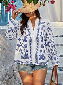 SHEIN VCAY Plus Size Notched Collar Shirt With Floral Print | SHEIN