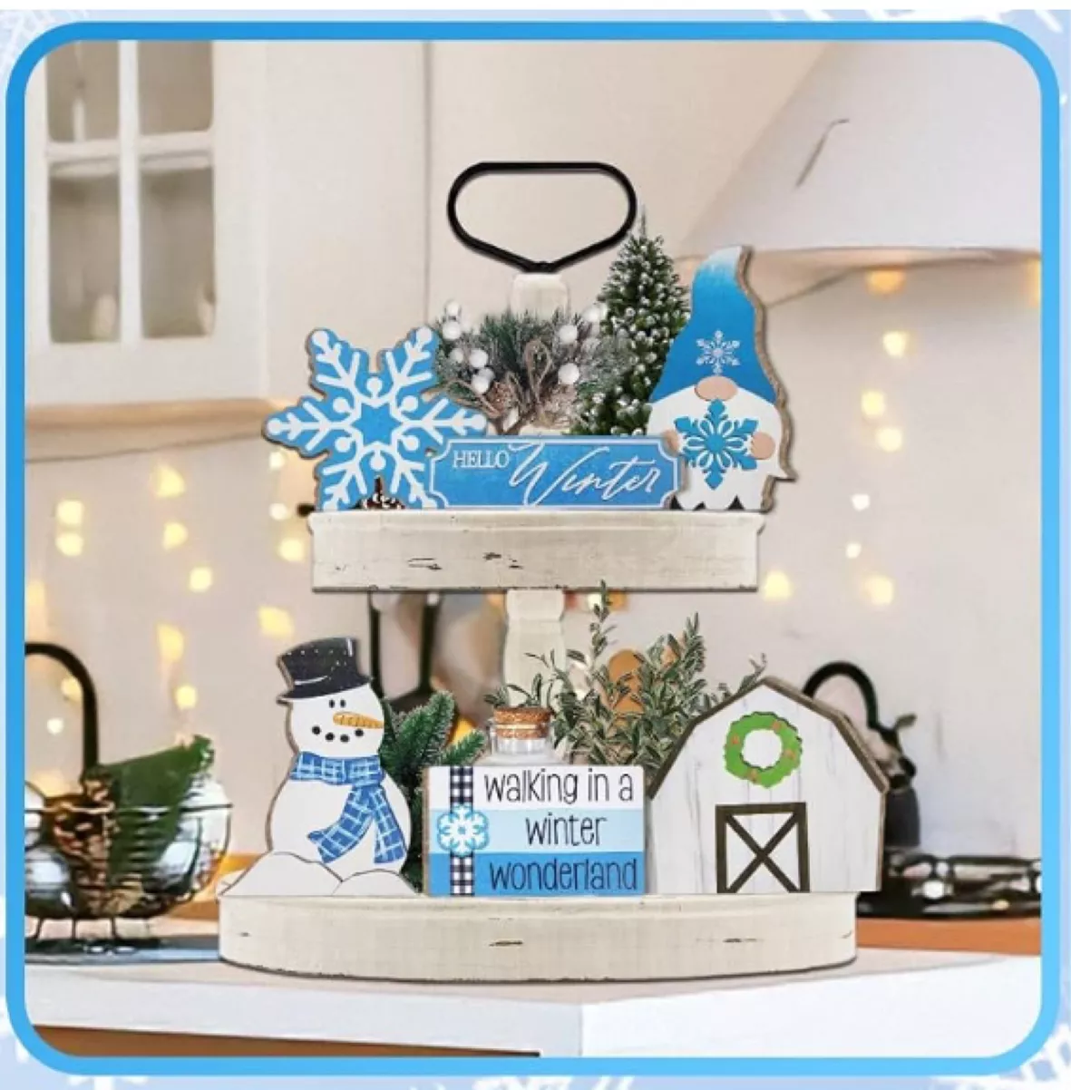12 Pieces Winter Tiered Tray Decor Winter Wonderland Table Wooden Sign  Decorations Farmhouse Tabletop Coffee Signs Snowflake Santa Decor for Hello