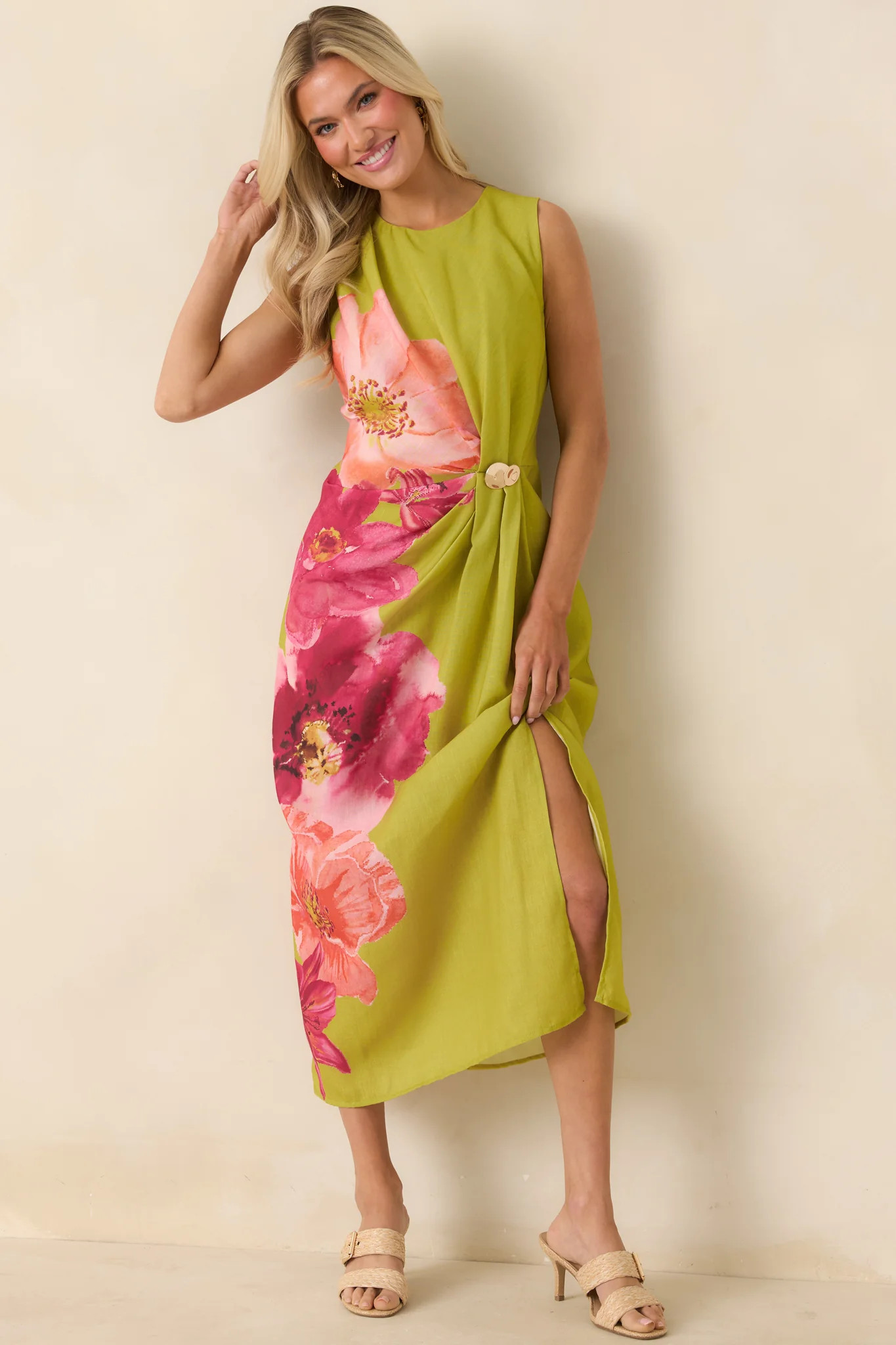 Do a Double Take Chartreuse Multi Floral Print Midi Dress | Red Dress