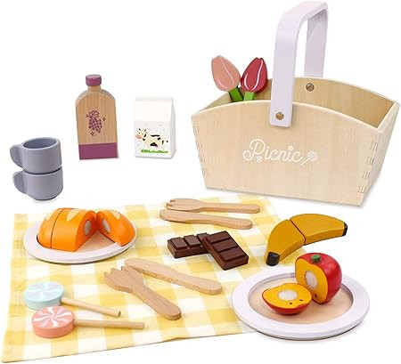Pillowhale Wooden Picnic Basket Playset Toy,Pretend Play Food Sharing Playset with Cutting Fruits... | Amazon (US)