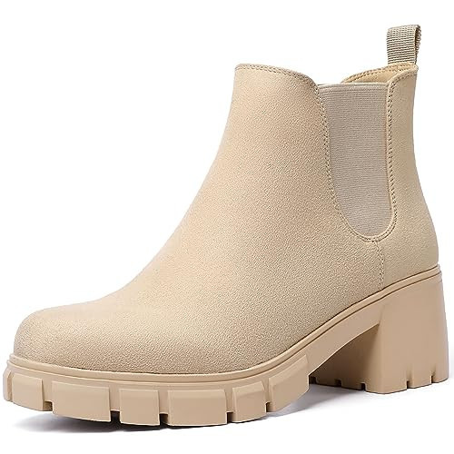 Sasuwa Ankle Boots for Women Lug Sole Chelsea Slip on Chunky Block Heel Suede Beige Booties Size 9.5 | Amazon (US)
