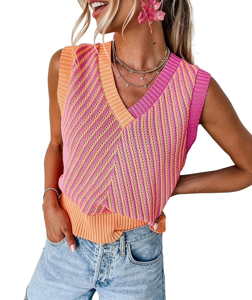 MARZXIN Women Sleeveless Sweater V Neck Casual 2025 Knitted Chevron V Neck Sweater Vest Color Blo... | Amazon (US)