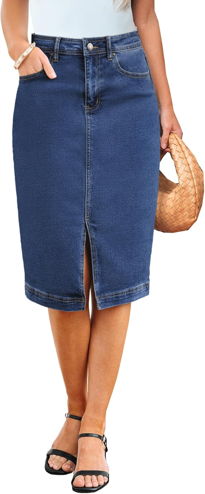 luvamia Jean Skirts for Women Denim Trendy Summer Casual Stretchy High Waisted Midi Below Knee Pe... | Amazon (US)