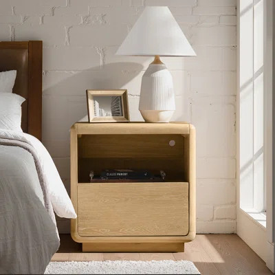 Allegan 26''W Mid-Century Modern Oak Veneer Nightstand with Charging Ports and Hidden Drawer | Wayfair North America