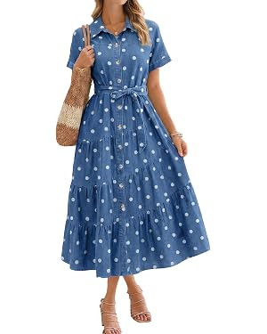 BerryGo Womens Summer Denim Shirt Dress Casual Belted Short Sleeve Button Down Flowy Midi Jeans D... | Amazon (US)