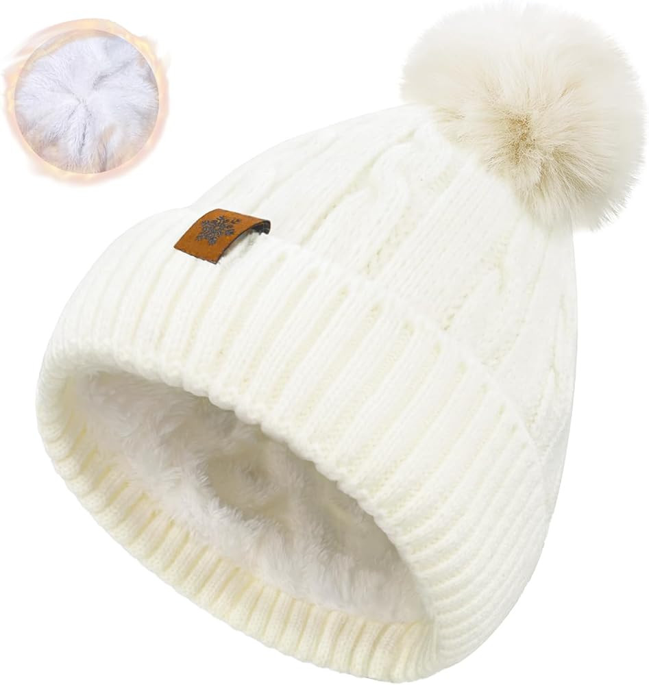 Winter Beanie Hats for Women Pom Pom Wool Cable Knit Thermal Fleece Warm Faux Fur Beanies for Col... | Amazon (US)