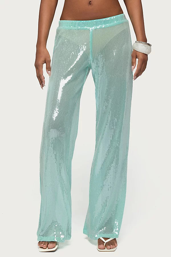 Edikted Avalee Sequin Wide Leg Pants in Aqua, Women's at Urban Outfitters | Urban Outfitters (US and RoW)