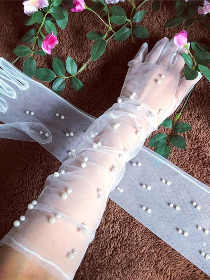 1 Pair White Beaded Bridal Elbow Length Wedding Gloves For Wedding | SHEIN