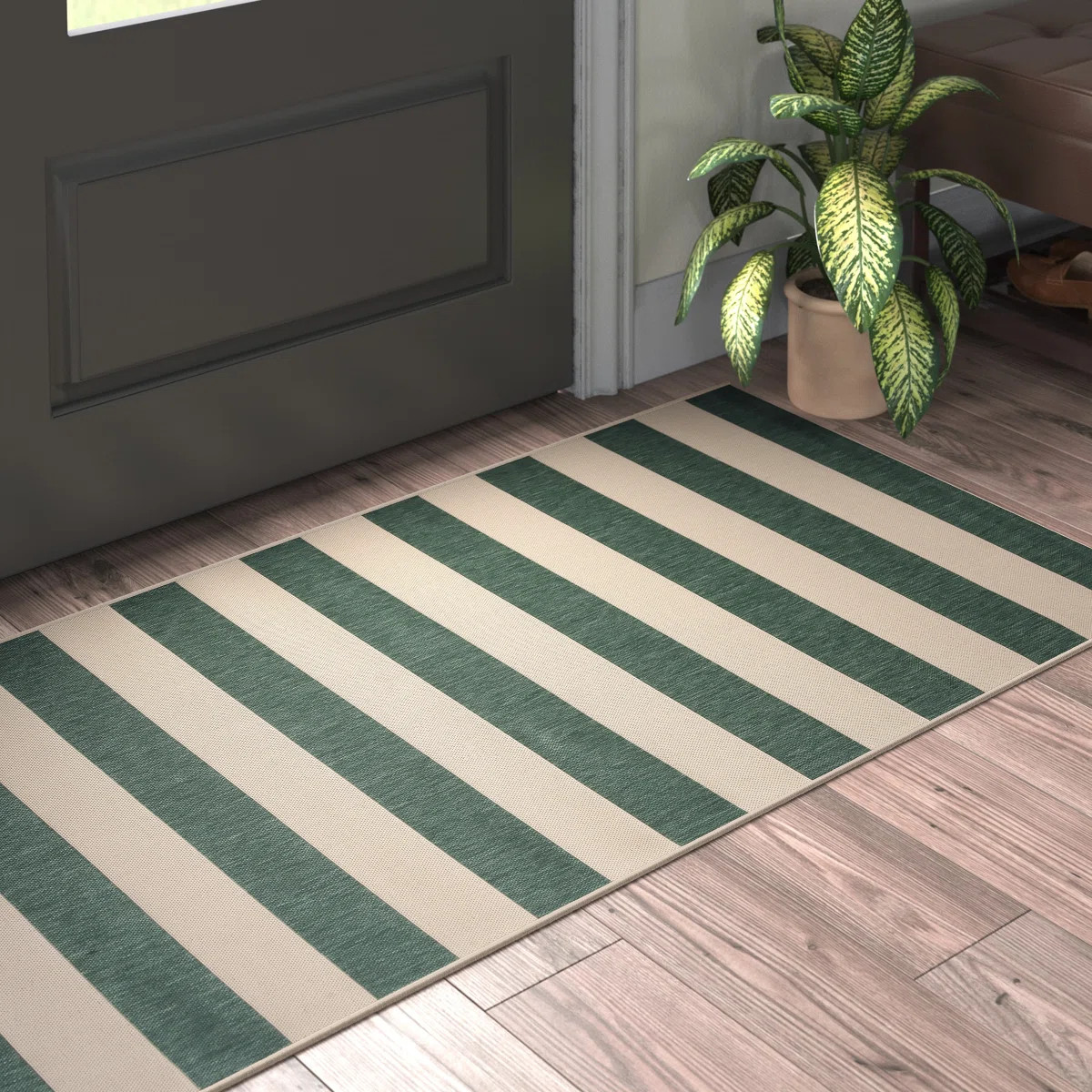 Kempston Striped Beige/Dark Green Outdoor Area Indoor/Outdoor Area Rug | Wayfair North America