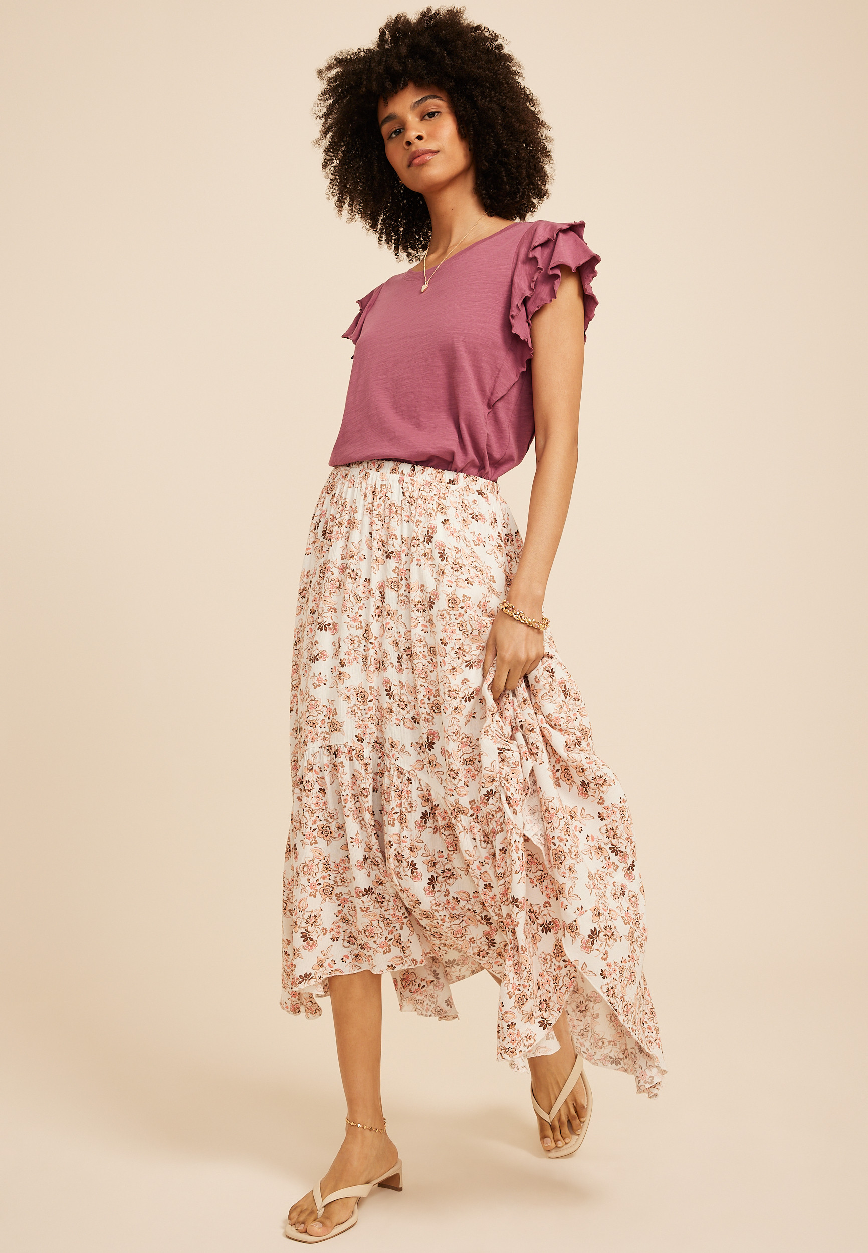 Maurices Women's Floral Crinkle Gauze Hanky Hem Maxi Skirt | Maurices