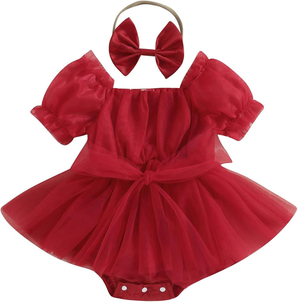 Toddler Baby Girls Christmas Romper Dress Puff Sleeve Bowknot Tulle Tutu Skirt Skort Jumpsuit Bod... | Amazon (US)