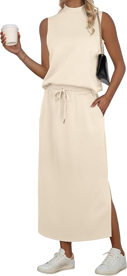 GRECERELLE Two Piece Skirt Sets for Women Sleeveless Mock Neck Top Split Maxi Skirt Vacation Trav... | Amazon (US)
