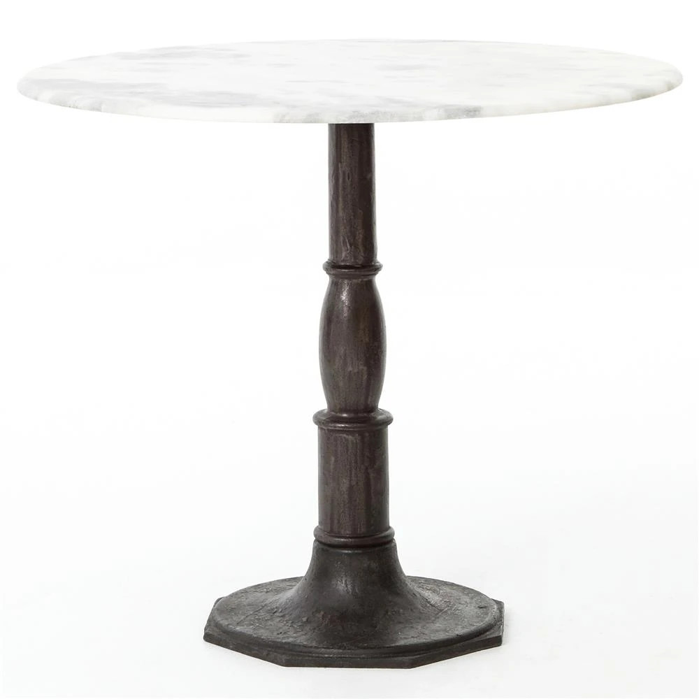 Hervey French White Marble Dark Grey Iron Pedestal Dining Table - 36" | Kathy Kuo Home