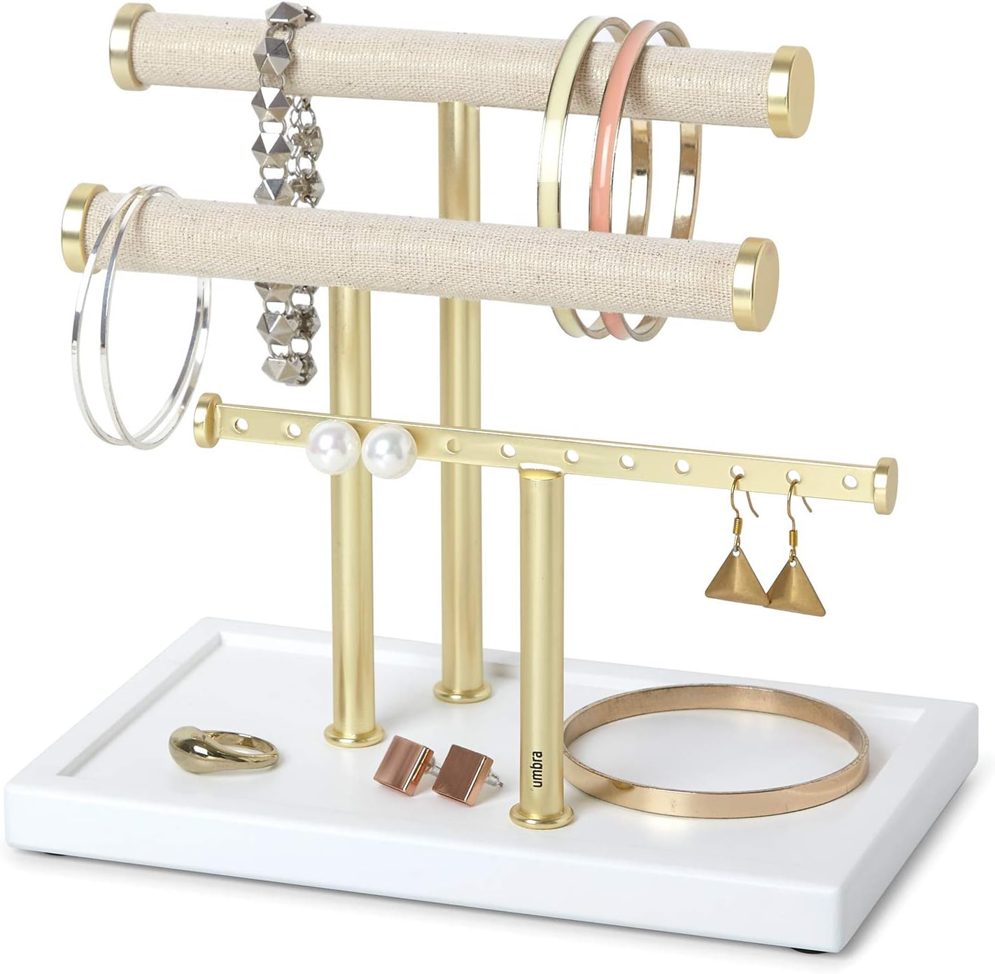 Umbra Trigem Three Tiered Tabletop Organizer for Necklace, Bracelets and Earrings, 3, White Brass | Amazon (US)