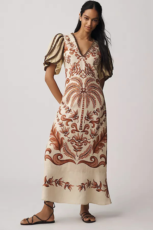 V-Neck Puff-Sleeve Linen Maxi Dress | Anthropologie (US)