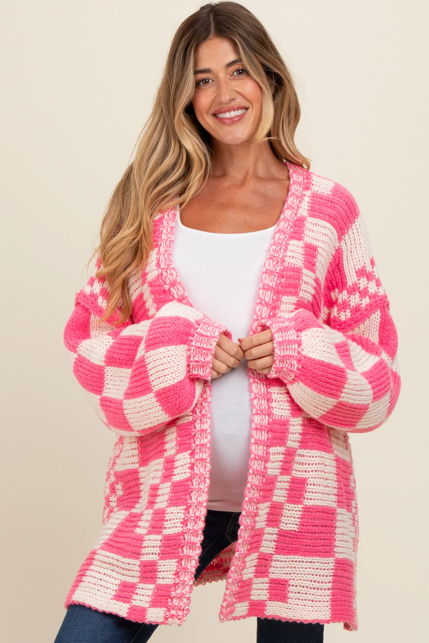 Fuchsia Mixed Check Pattern Chunky Maternity Cardigan | PinkBlush Maternity