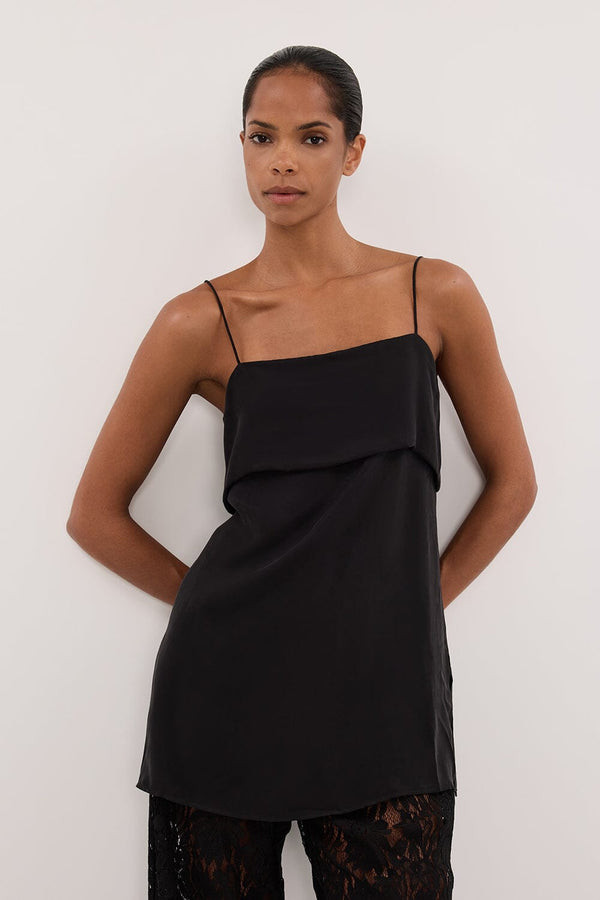 IDA BLACK SLEEVELESS FOLDOVER CAMI TOP | DISSH
