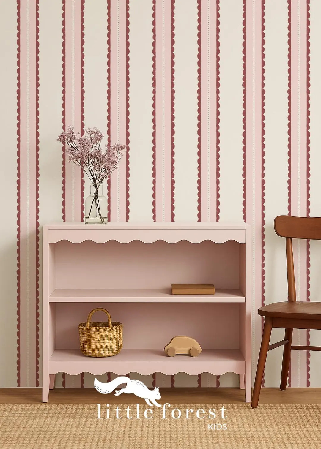 Burgundy and Pink Scallop Stripe Wallpaper – Vintage Inspired Striped Wall Decor, Peel and Stic... | Etsy (US)