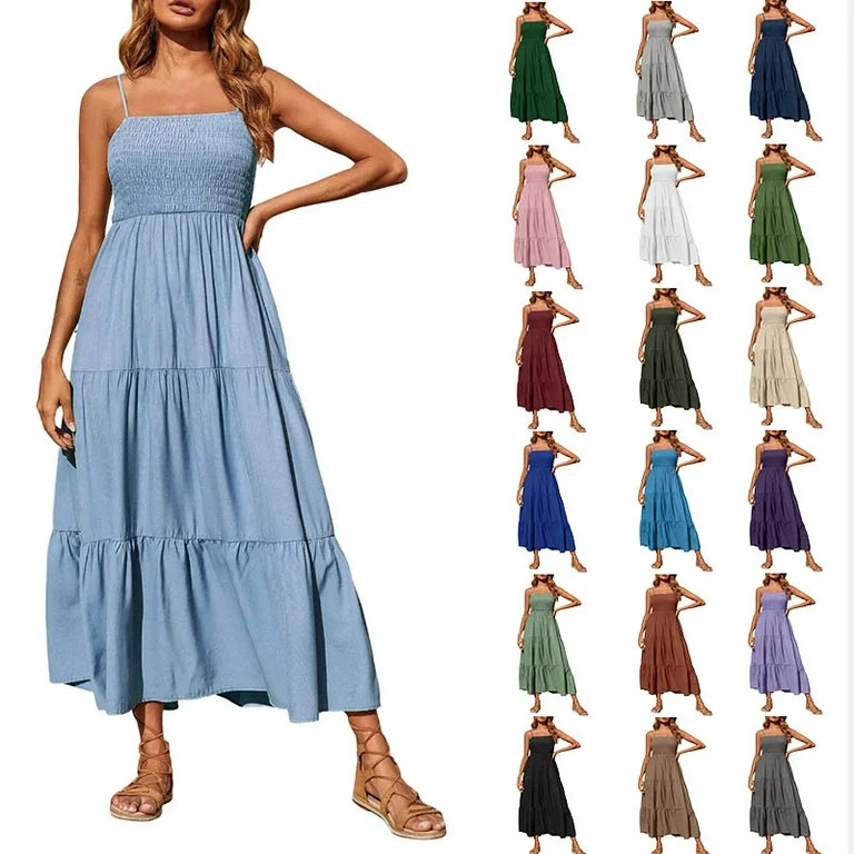 Up to 65% Off Women's Summer Dress Bohemian Spaghetti Strap Smocked Tiered Long Beach Sun Dresses... | Walmart (US)