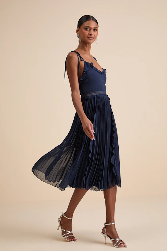Never a Dull Moment Navy Tie-Strap Pleated Midi Dress | Lulus