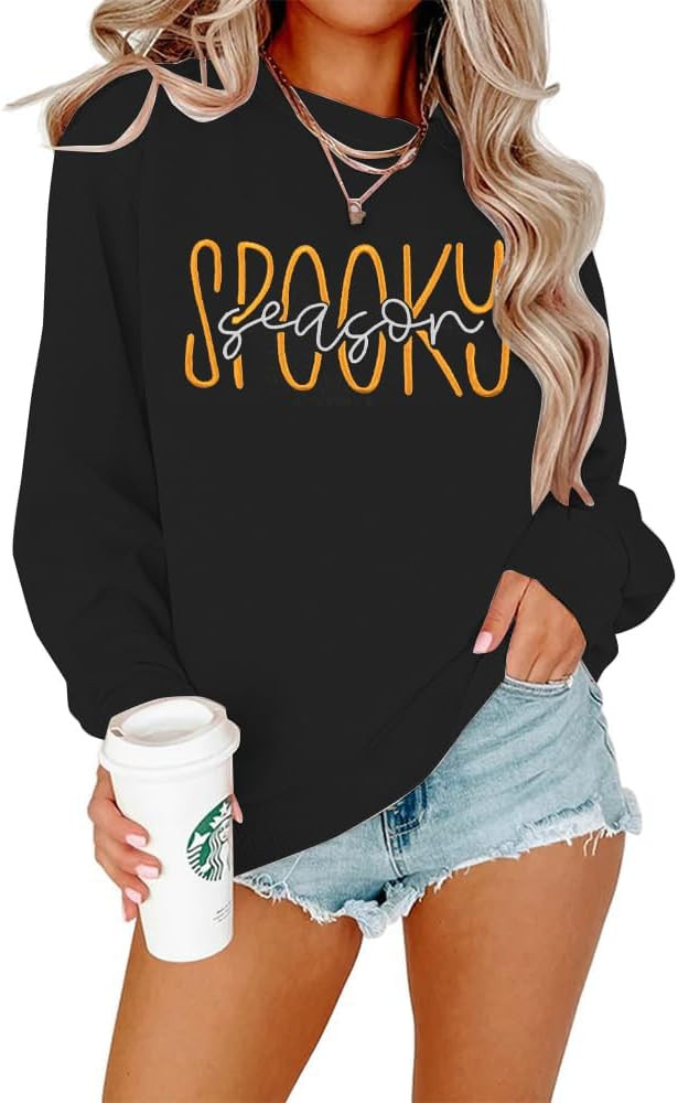 Spooky Season Embroidered Sweatshirt Women Halloween Sweatshirts Fall Lightweight Pullover Autumn... | Amazon (US)