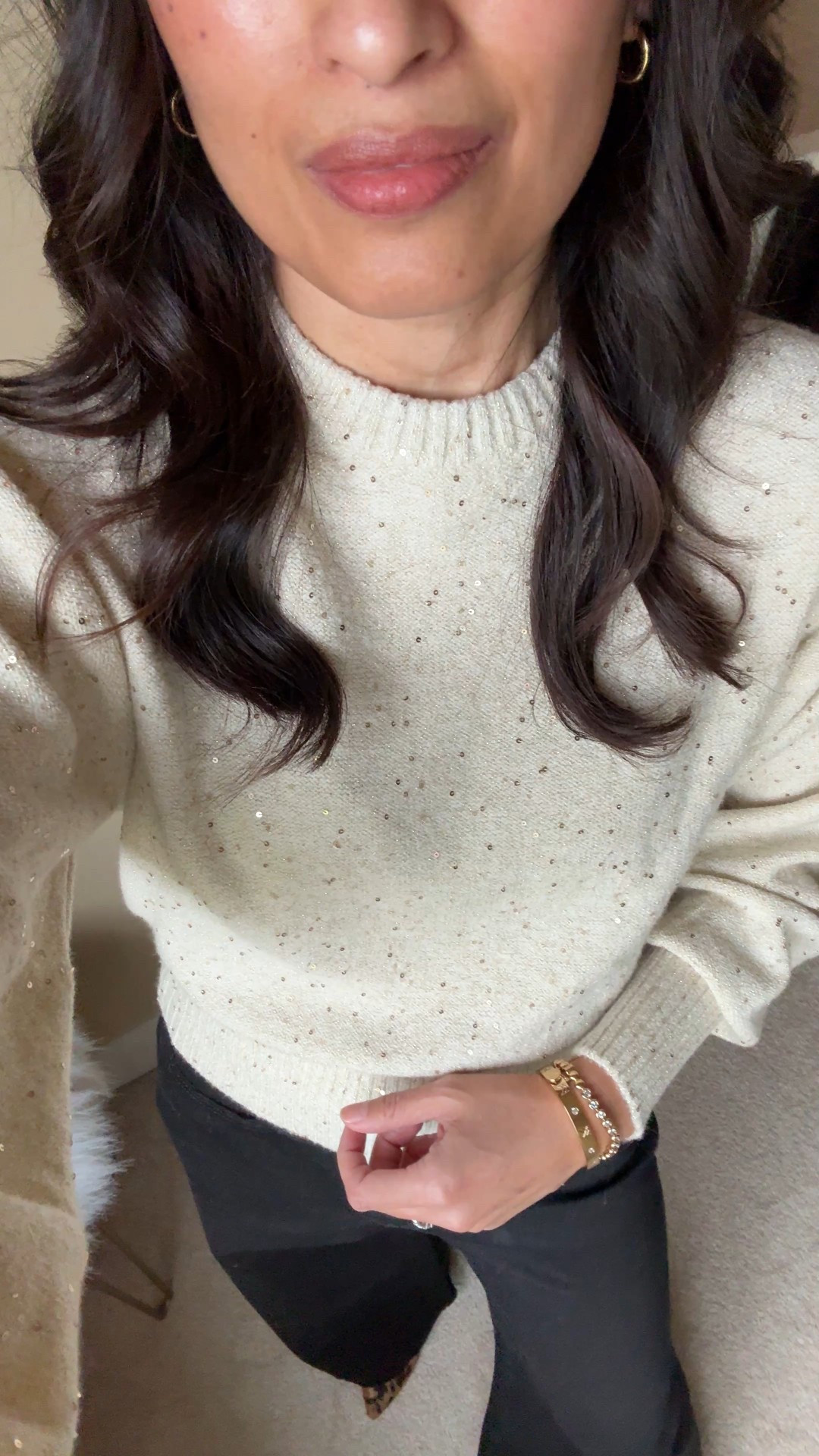 Warm new year’s eve outfit. NYE outfit. 
Subtle sparkle to this sweater. I would size up. 
Flare black jeans with stretch. True to size. 
Leopard booties. 


#LTKSaleAlert #LTKFindsUnder50 #LTKOver40