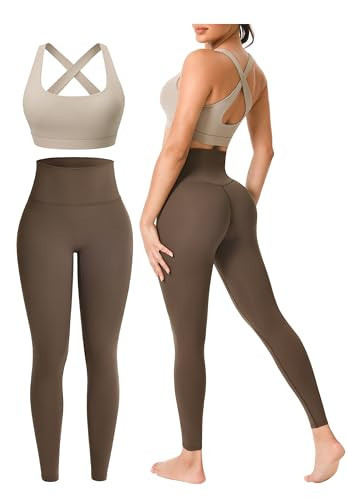 Workout Sets for Women 2 Piece Outfits Cute Gym Athletic Pilates Clothes Conjunto Deportivo Para Mujer Seamless High Waist Yoga Leggings and Padded Sports Bras Two Piece Matching Set (P080 LKh/Kha M) | Amazon (US)