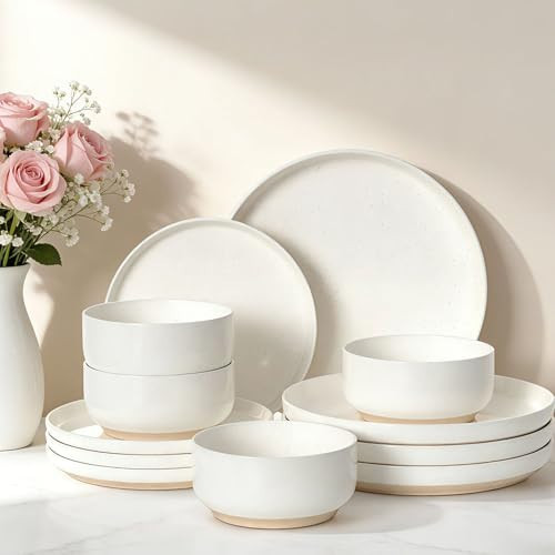Plates and Bowls Sets, Dinnerware Sets for 4, 12 Pieces Scratch Resistant Dishware Dishes Set, Ceramic Kitchen Dinner Set, Porcelain & Microwave and Dishwasher Safe, Cream White | Amazon (US)