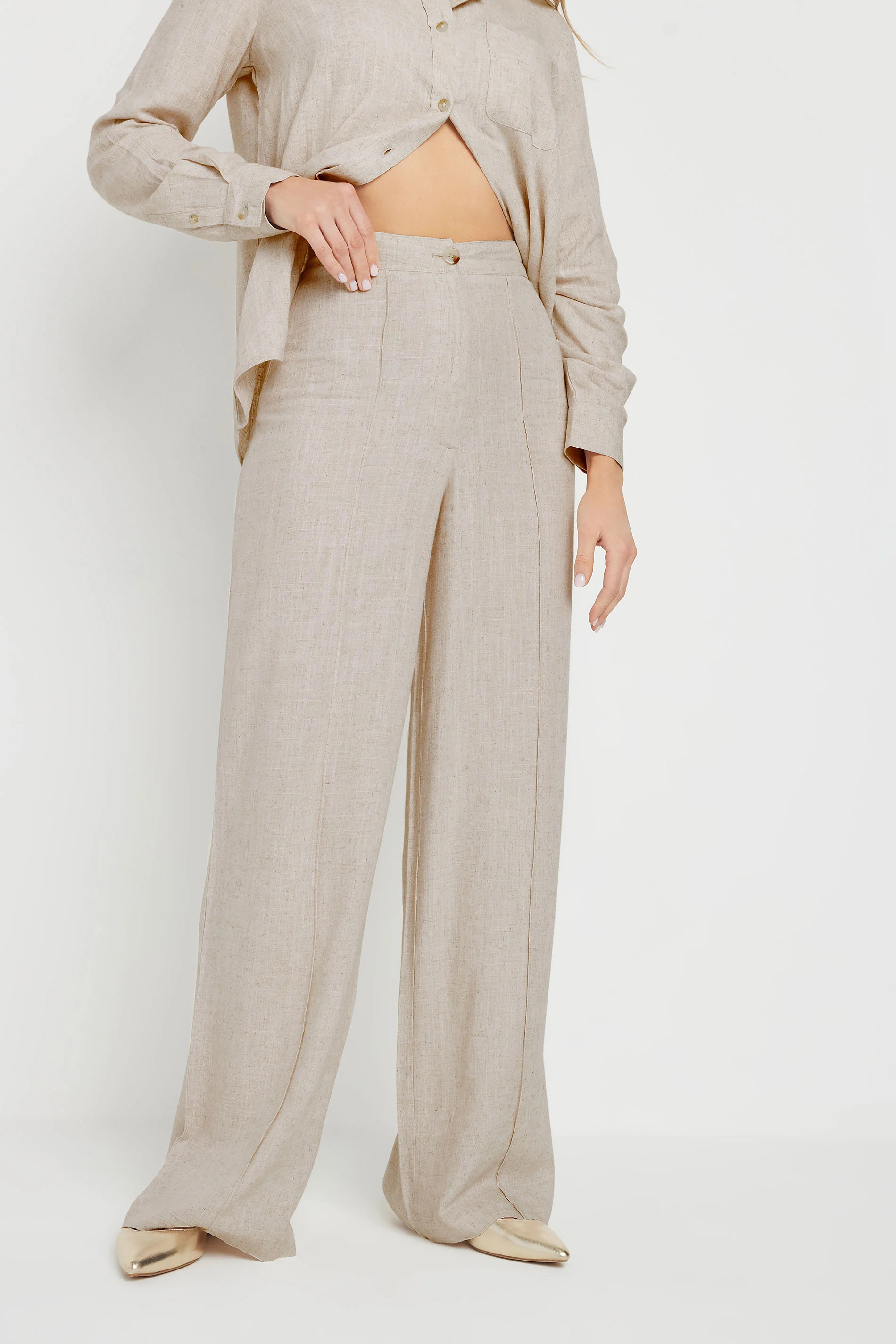 LTS Tall Stone Brown Linen Pleated Wide Leg Trousers | Long Tall Sally