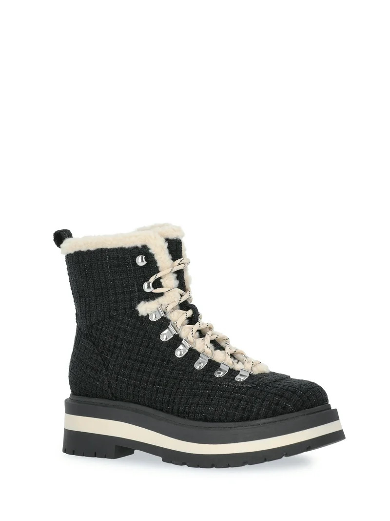 Free Assembly Women's Lace-Up Faux Shearling Plaid Booties | Walmart (US)