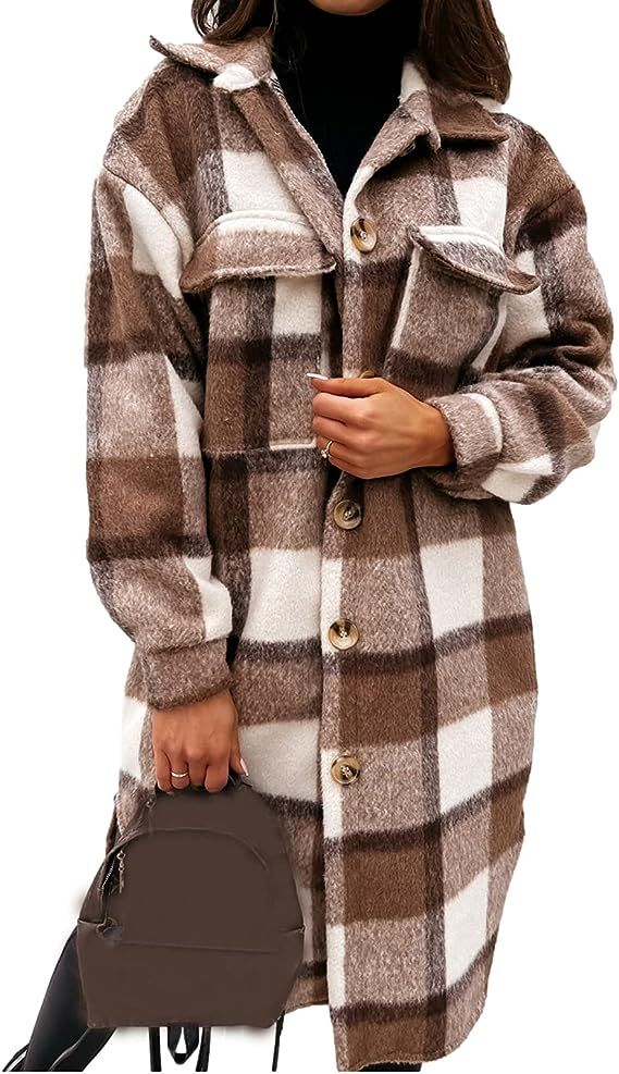 SeekMe Women's Plaid Brushed Wool Shacket Flap Pocket Lapel Button Down Long Shirt Jacket | Amazon (US)