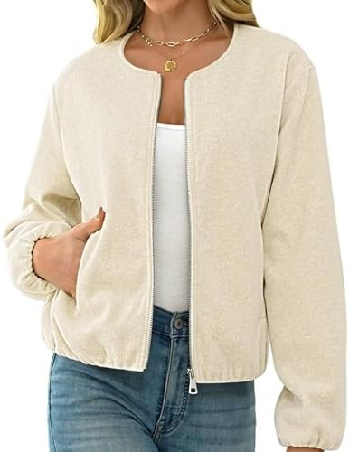 Womens Wool Blend Bomber Jackets Fall Winter Cropped Zip Up Coat Hoodless Outwear with Pockets | Amazon (US)