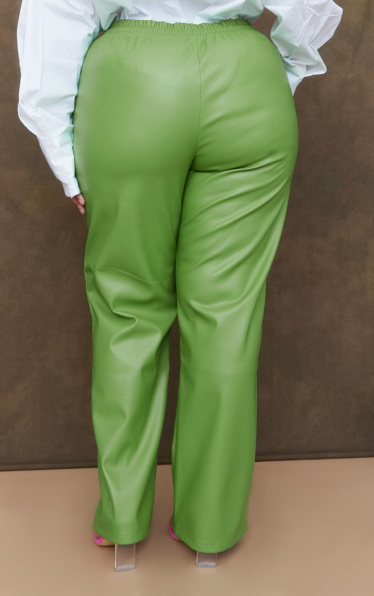 Plus Bright Green Faux Leather Tie Waist Seam Front Wide Leg Pants | PrettyLittleThing US