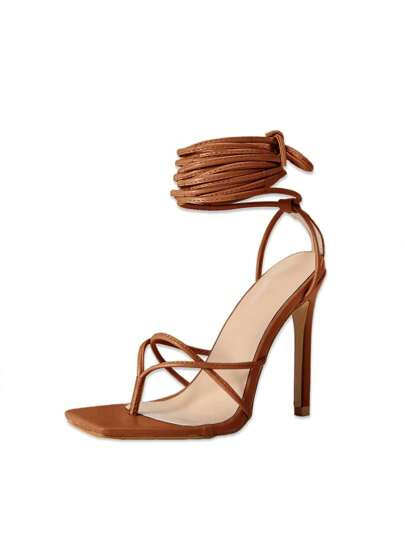 Women's Square Toe Lace Up Heeled Sandals Leg-Lengthening Strappy Heels For Slim Look Party Dress... | SHEIN