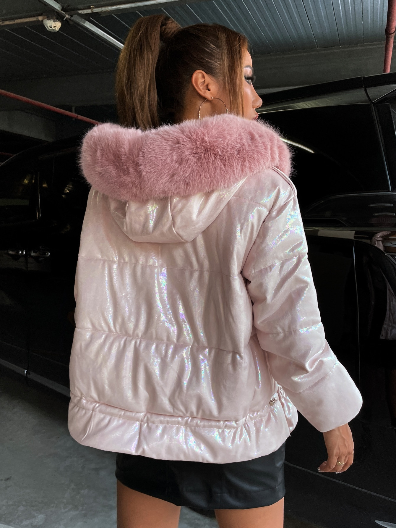 Zip Up Fuzzy Trim Hooded Drawstring Puffer Coat | SHEIN