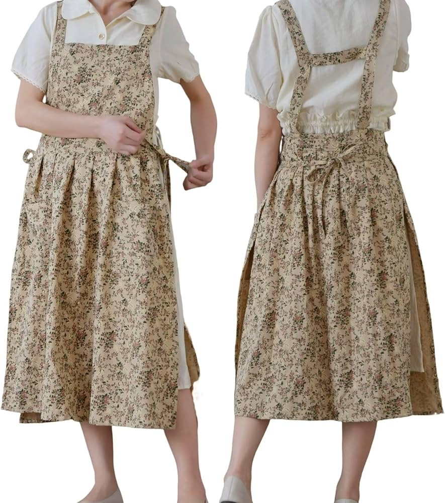 Pinafore Apron Dress，Japanese Cotton Linen Cross Back Apron for Women with Pockets，Pinafore D... | Amazon (US)